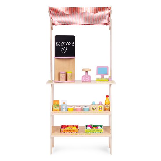 Großer Holzstand für Kinder mit Terminal und Waage Obst Gemüse 20 Elemente ECOTOYS