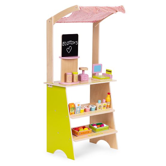 Großer Holzstand für Kinder mit Terminal und Waage Obst Gemüse 20 Elemente ECOTOYS