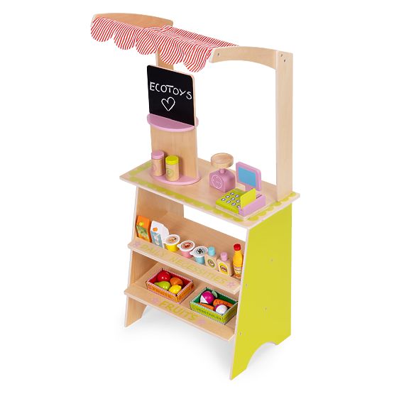 Großer Holzstand für Kinder mit Terminal und Waage Obst Gemüse 20 Elemente ECOTOYS