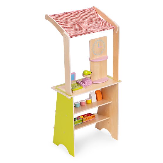 Großer Holzstand für Kinder mit Terminal und Waage Obst Gemüse 20 Elemente ECOTOYS