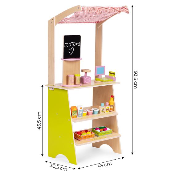 Großer Holzstand für Kinder mit Terminal und Waage Obst Gemüse 20 Elemente ECOTOYS