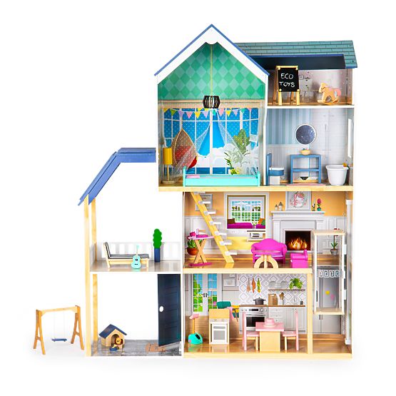 Großes Holzpuppenhaus 138 cm Residenz Maya 28 Stk. ECOTOYS