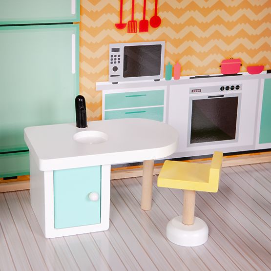 Großes Holzpuppenhaus mit beweglichem Aufzug und Möbeln ECOTOYS