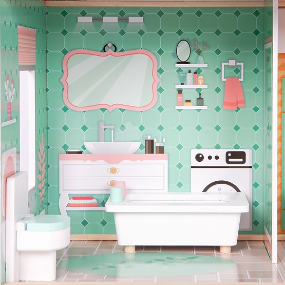 Großes Holzpuppenhaus mit beweglichem Aufzug und Möbeln ECOTOYS