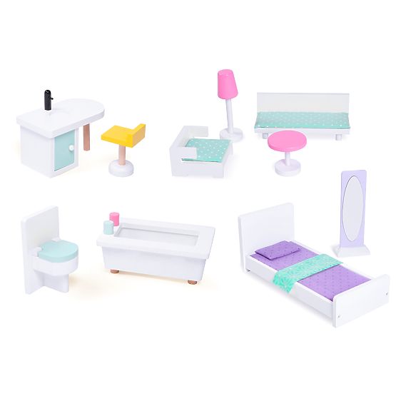 Großes Holzpuppenhaus mit beweglichem Aufzug und Möbeln ECOTOYS