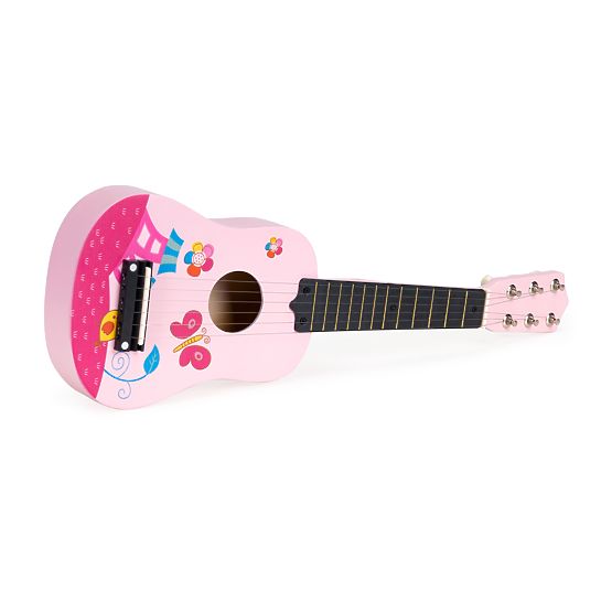 Holzgitarre für Kinder, Metall-Saiten, Plektrum, rosa ECOTOYS