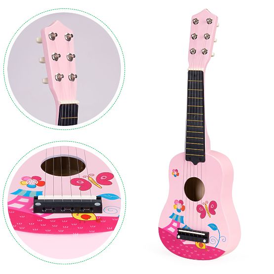 Holzgitarre für Kinder, Metall-Saiten, Plektrum, rosa ECOTOYS