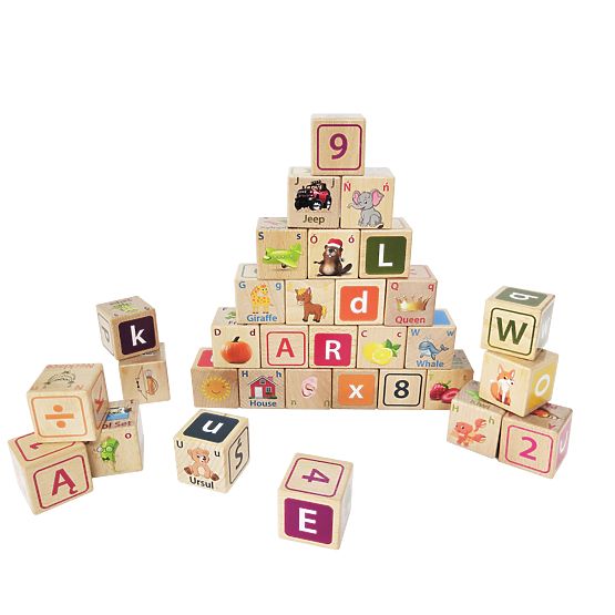 Holzklötze - Buchstaben, Zahlen und Bilder