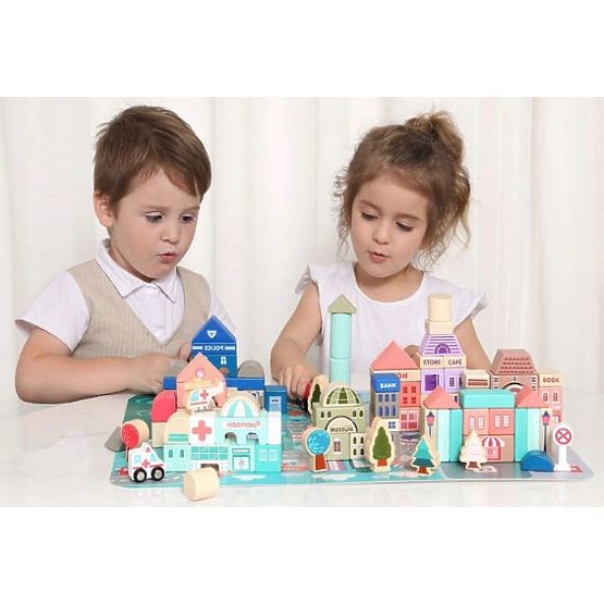 Holzlernbausteine Stadt mit Unterlage 115 Stk. ECOTOYS