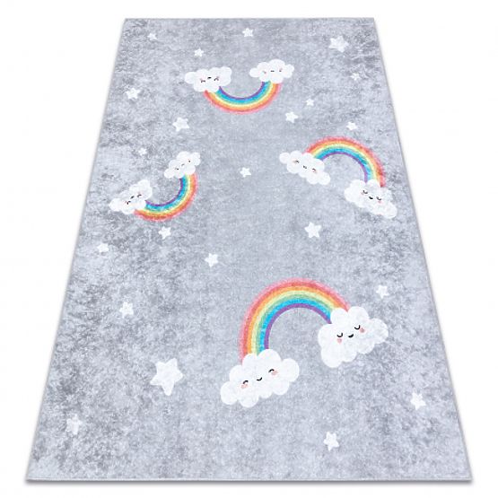 JUNIOR 52063.801 Waschbarer Teppich Regenbogen, Wolken für Kinder rutschfest - grau