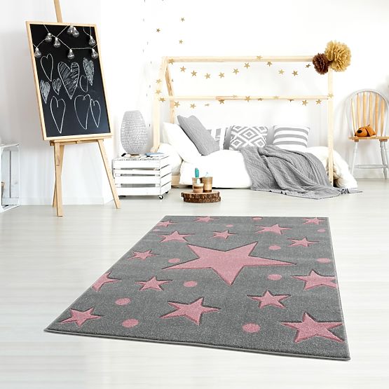 Kinder Teppich Sterne - grau-pink
