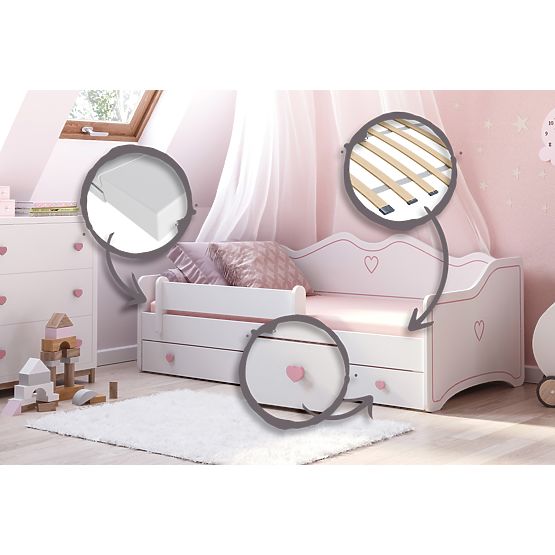 Kinderbett EMMA mit Schublade und Schutzgitter 160x80 rosa