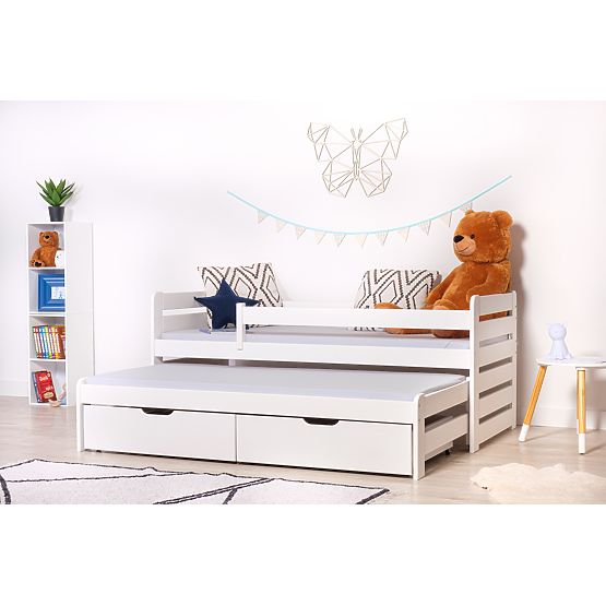 Kinderbett mit Ausziehbett und Schutzgitter Praktik - Weiß