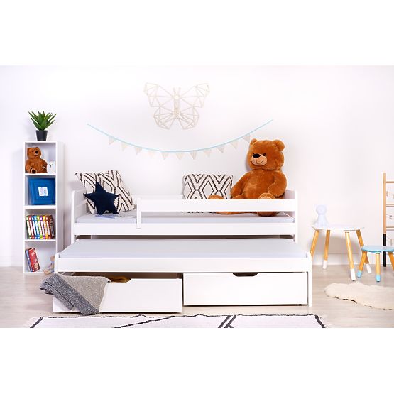 Kinderbett mit Ausziehbett und Schutzgitter Praktik - Weiß