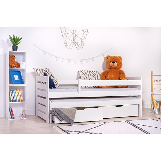 Kinderbett mit Ausziehbett und Schutzgitter Praktik - Weiß