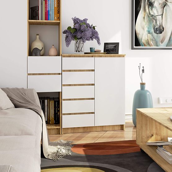 KOMMODE K80 1T 5S PK EICHE ARTISAN / WEISS