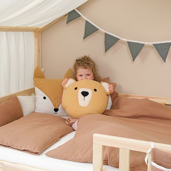 Musselin-Kissen Ourbaby Ø 35 cm Bär - senfgelb