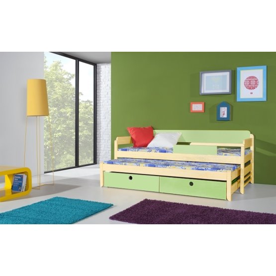 Kinderbett mit Zusatzbett NATU 180x80 cm - natur/grün Acryl