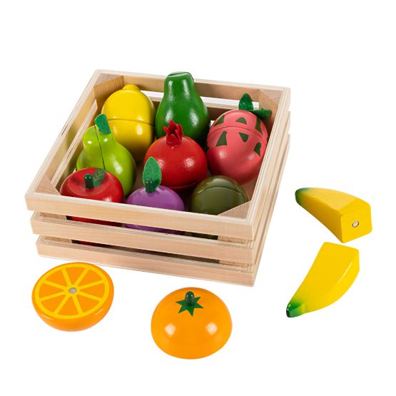 Obstset aus Holz in einer Kiste