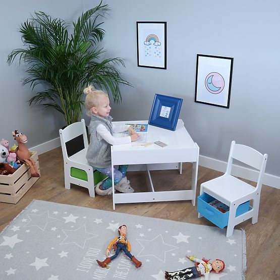 Kindertisch mit Stühlen Ourbaby mit blauer und grüner Box
