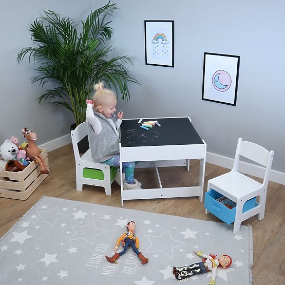 Kindertisch mit Stühlen Ourbaby mit blauer und grüner Box