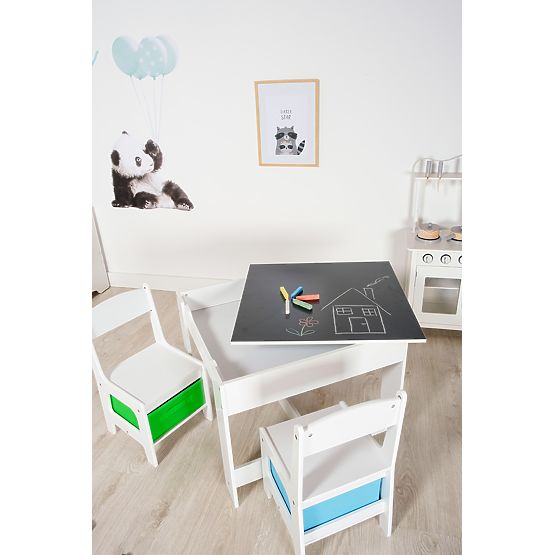 Kindertisch mit Stühlen Ourbaby mit blauer und grüner Box