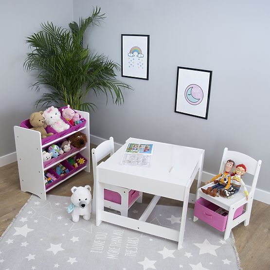 Ourbaby Kindertisch mit Stühlen und rosa Boxen