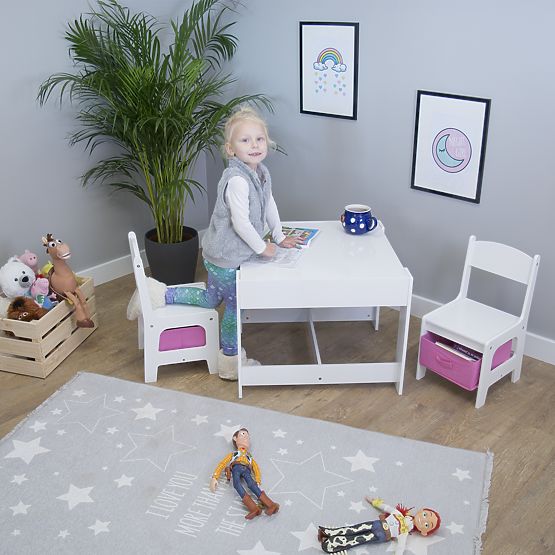 Ourbaby Kindertisch mit Stühlen und rosa Boxen