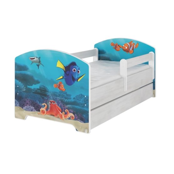 Kinder Bett mit Geländer - Dory a Nemo - dekor norwegisch Kiefer