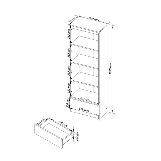 REGAL R 60 cm CLP 1 SCHUBLADE 4 REGALBÖDEN WEISS / METALLISCHER GLANZ