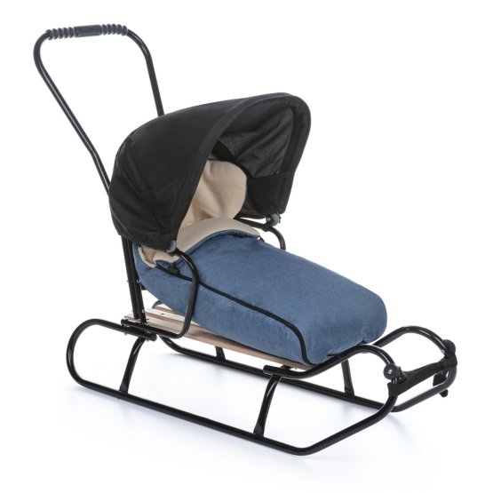 Kinderschlitten mit Rückenlehne und Verdeck - Jeans / Melange