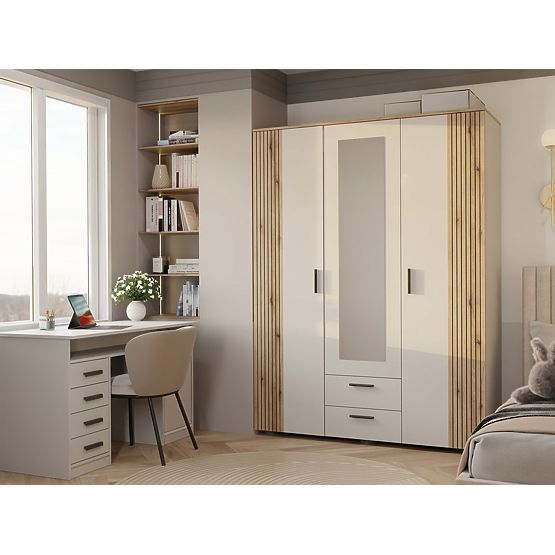 SCHRANK AVA 150 CM SPIEGEL 2 SCHUBLADEN GERILLTE FRONT EICHE EVOKE KASCHMIR BEIGE