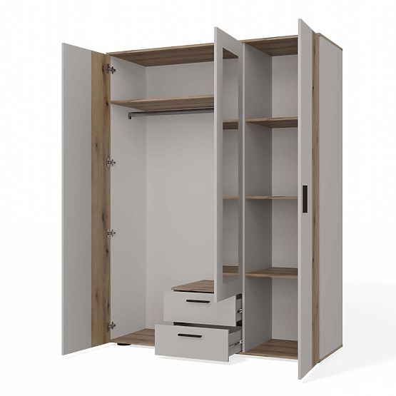 SCHRANK AVA 150 CM SPIEGEL 2 SCHUBLADEN GERILLTE FRONT EICHE EVOKE KASCHMIR BEIGE