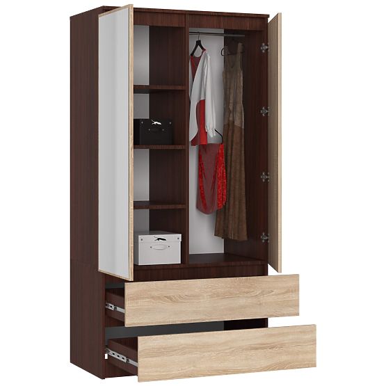 SCHRANK S 90 cm 2 TÜREN 2 SCHUBLADEN 2 SPIEGEL PK WENGE / SONOMA