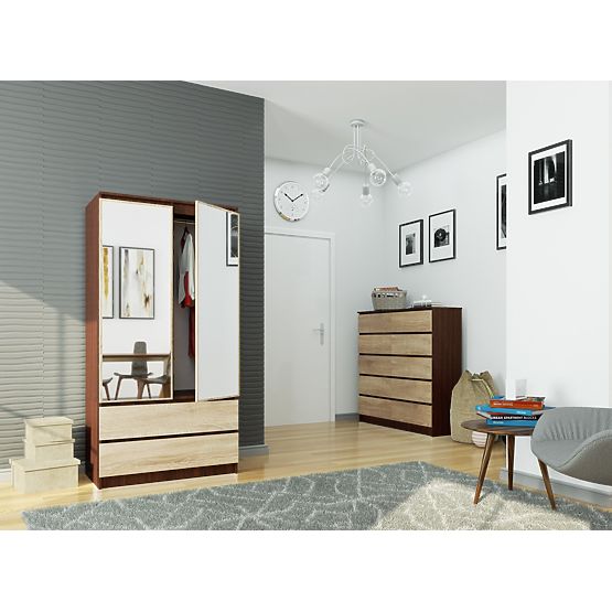 SCHRANK S 90 cm 2 TÜREN 2 SCHUBLADEN 2 SPIEGEL PK WENGE / SONOMA