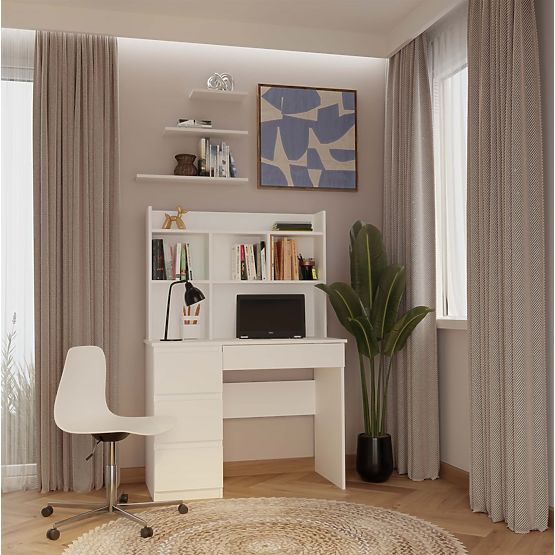 Schreibtisch MIJAS Links mit Aufsatz Mattweiß 4 Schubladen 4 Regale für Büro und Zimmer