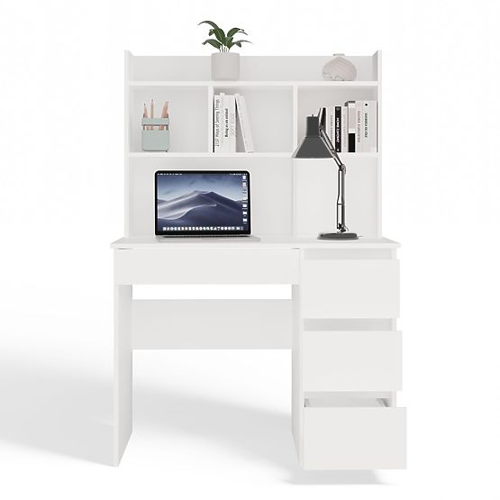 Schreibtisch MIJAS Rechts mit Aufsatz Mattweiß 4 Schubladen 4 Regale für Büro und Zimmer