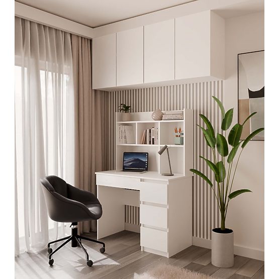 Schreibtisch MIJAS Rechts mit Aufsatz Mattweiß 4 Schubladen 4 Regale für Büro und Zimmer