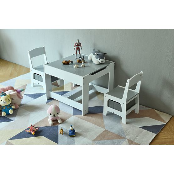 Set aus Kindertisch und 2 grauen Stühlen