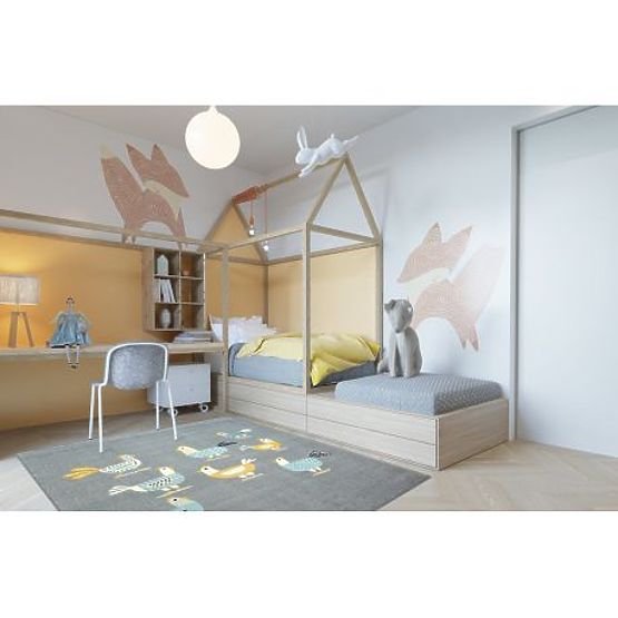 Teppich PASTEL 18413/072 - Küken Hähne Grau Türkis