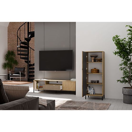 Vitrine KAMARO 1DD SLIM EICHE ARTISAN Lamellen-Frontplatte