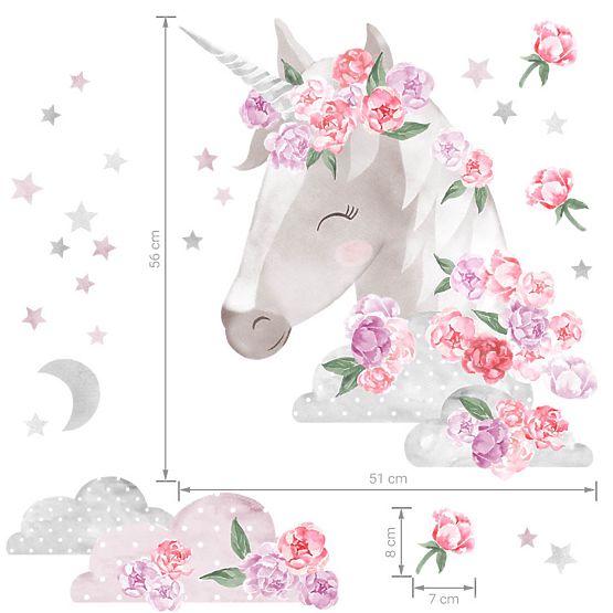 Wandtattoo Einhorn mit Blumen - rosa