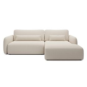 Ausziehbare Ecksofa Mossa mit Stauraum, rechtsseitig, hellbeige, abgerundete Formen