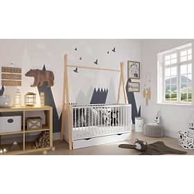 Babybett Kinderbett Tipi 140x70 cm (L) - weiß / natur