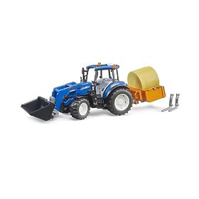 Bruder Traktor New Holland T5.120 mit Frontlader, Kippmulde, Gabeln und Rundballen