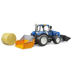 Bruder Traktor New Holland T5.120 mit Frontlader, Kippmulde, Gabeln und Rundballen
