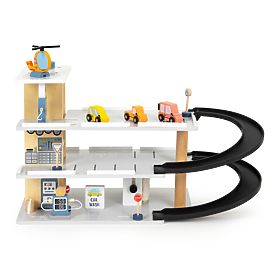 Große Holzgarage mit Aufzug + Autos, Hubschrauber, Waschanlage ECOTOYS