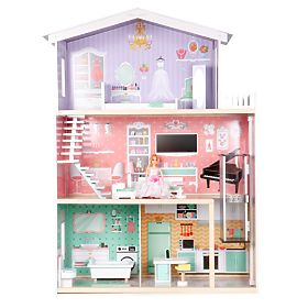 Großes Holzpuppenhaus mit beweglichem Aufzug und Möbeln ECOTOYS