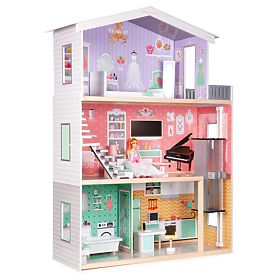 Großes Holzpuppenhaus mit beweglichem Aufzug und Möbeln ECOTOYS