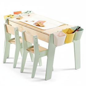 Kinderset Tisch und zwei Stühle mit Zubehör - Mintgrün